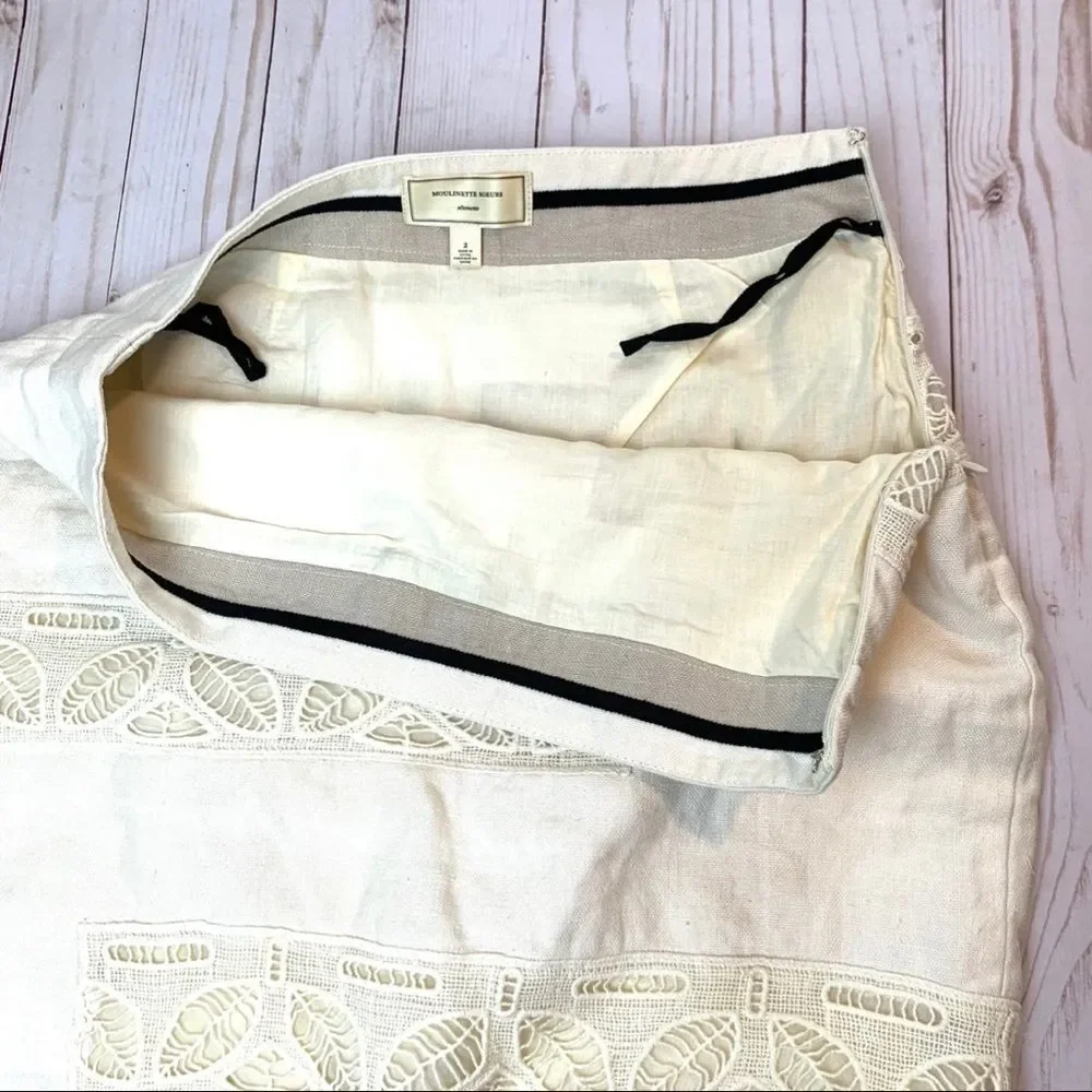Anthropologie Moulinette Soeurs Y2k Ivory Leaf Lace Boho Coastal Mini Skirt